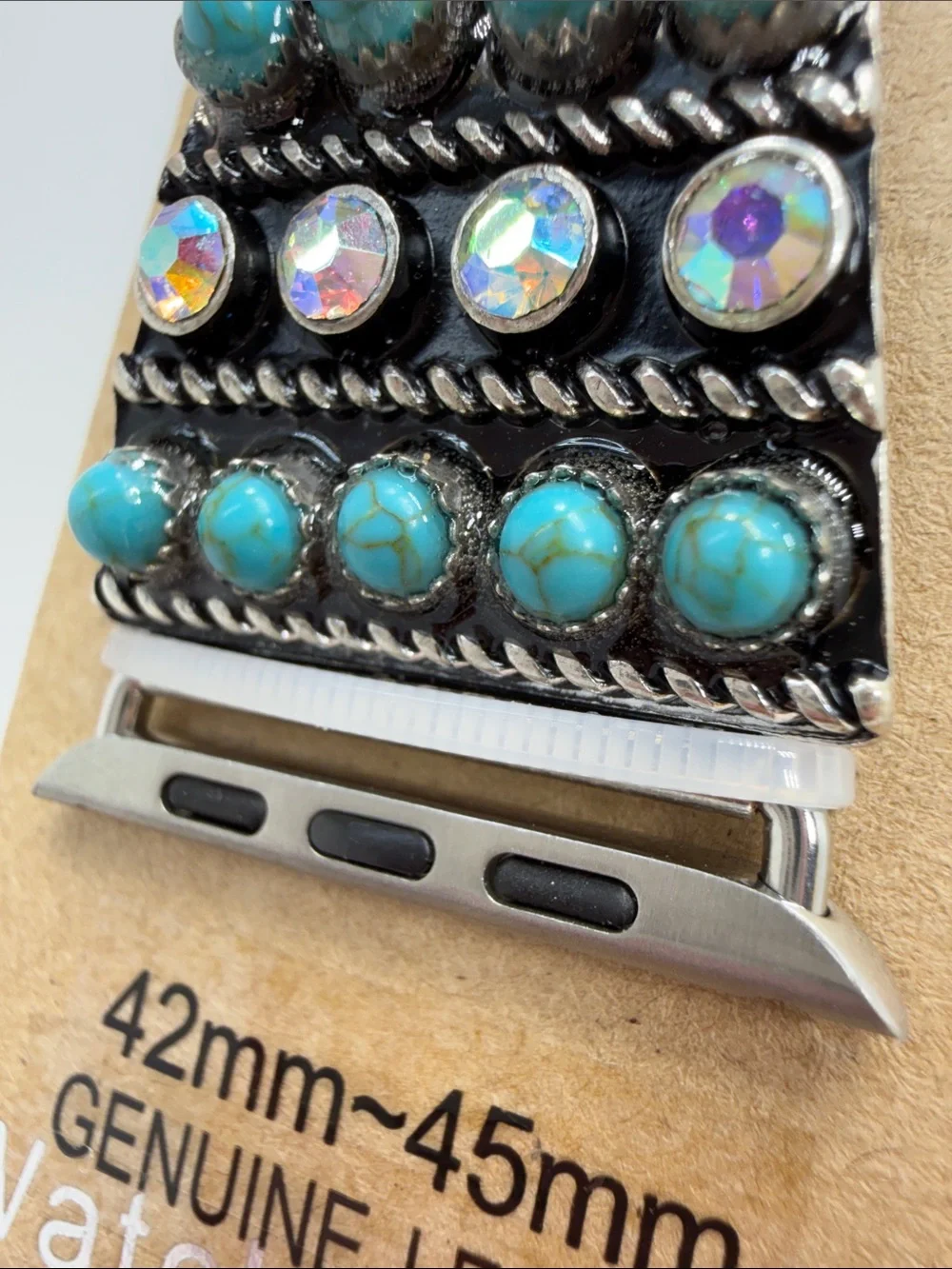 Brown Leather watch Band with Turquoise Beading 42mm~45mm